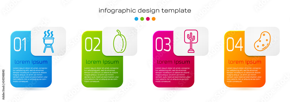 Set line Barbecue grill, Plum fruit, Tree and Potato. Business infographic template. Vector