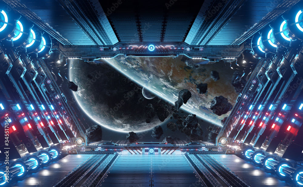 蓝色和红色的未来宇宙飞船内部，行星上的窗口视图三维渲染