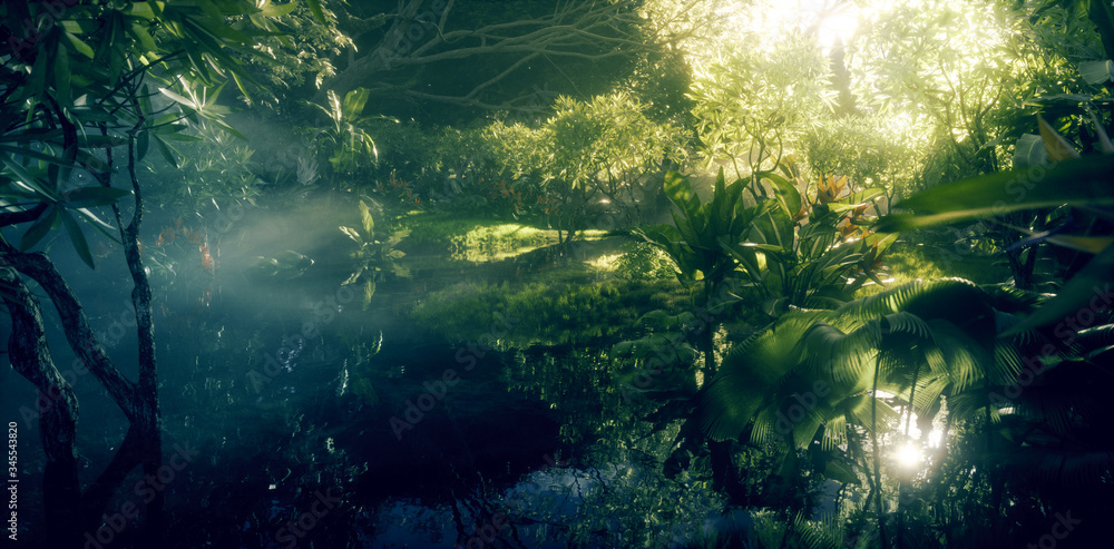 丛林天堂概念。茂密的雨林植被，有池塘和美丽的阳光。3d r