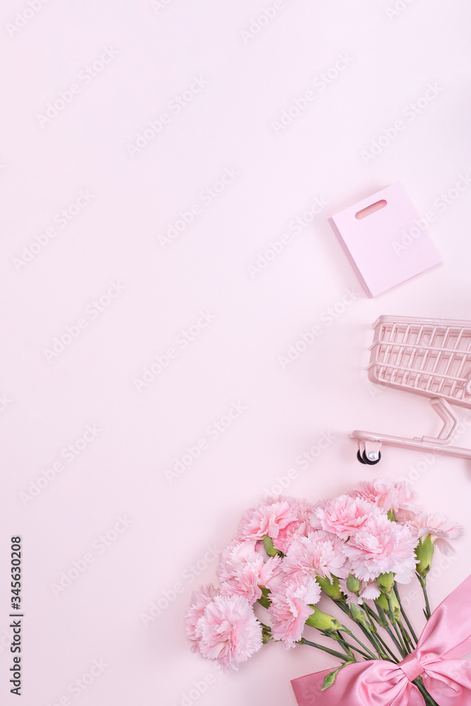 Mothers Day, Valentines Day background design concept, beautiful pink carnation flower bouquet on 