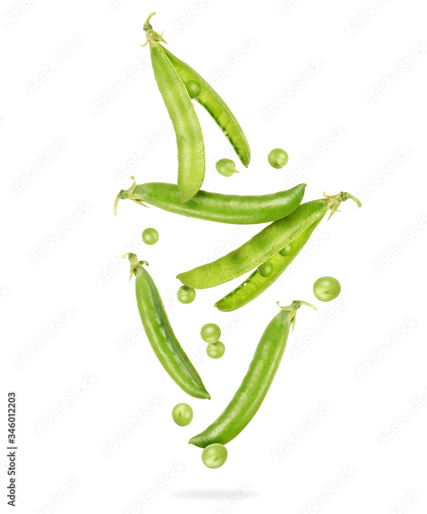 Uncovered pea pods in the air, isolated on a white background