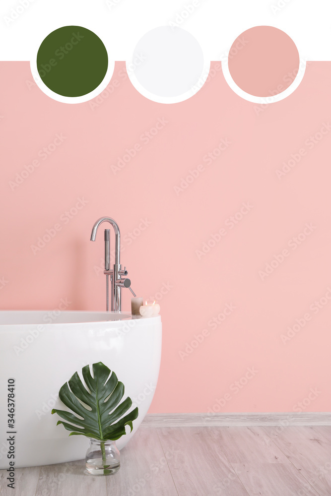 Modern bathtub of stylish interior. Different color patterns
