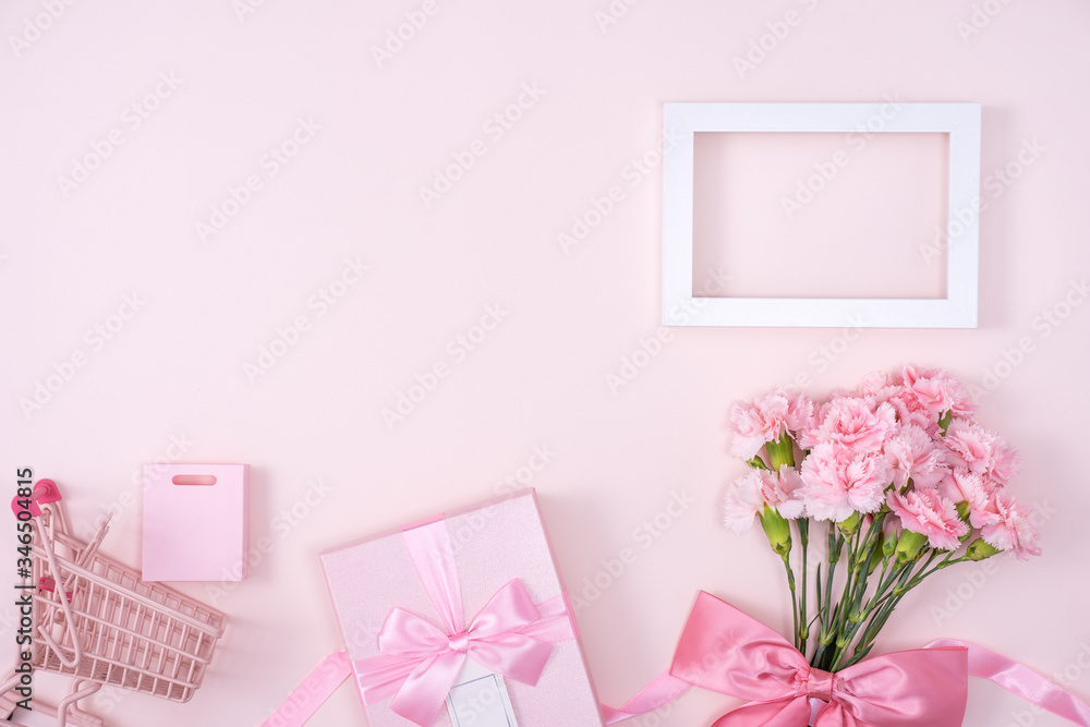 母亲节，情人节背景设计理念，美丽的粉红色康乃馨花束