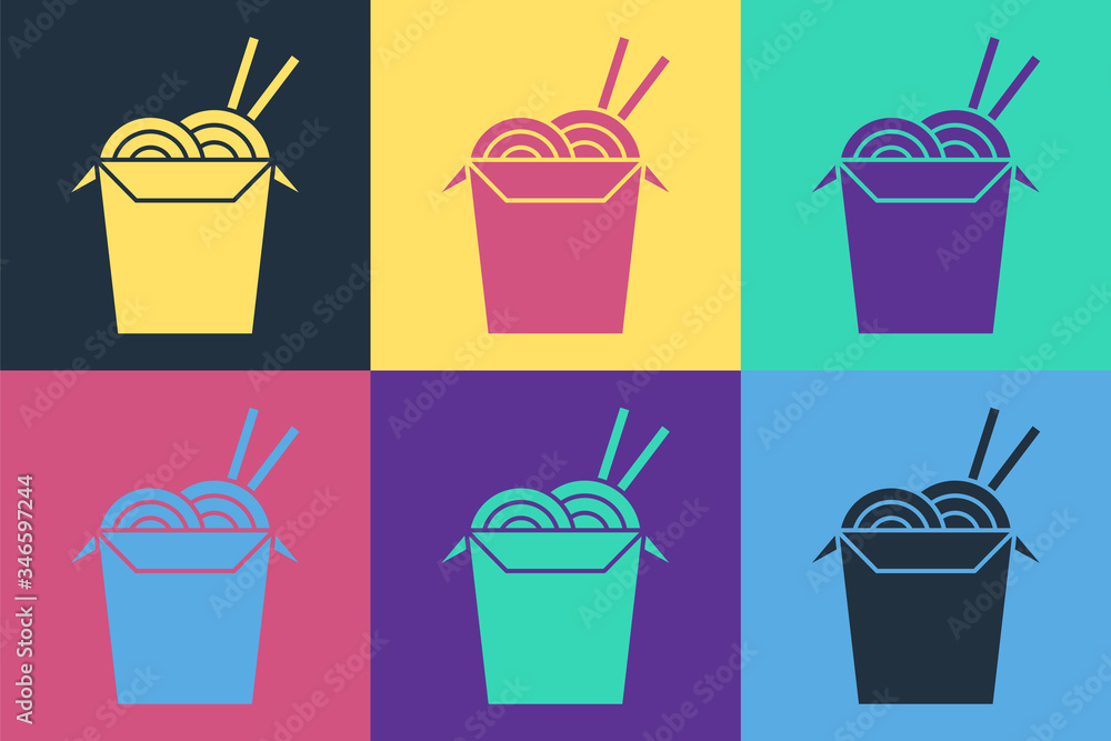 Pop art Asian noodles in paper box and chopsticks icon isolated on color background. Street fast foo