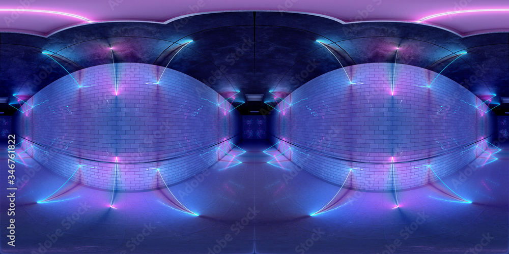 未来主义HDRI地下室内，明亮的蓝色和粉色霓虹灯管反射在墙上