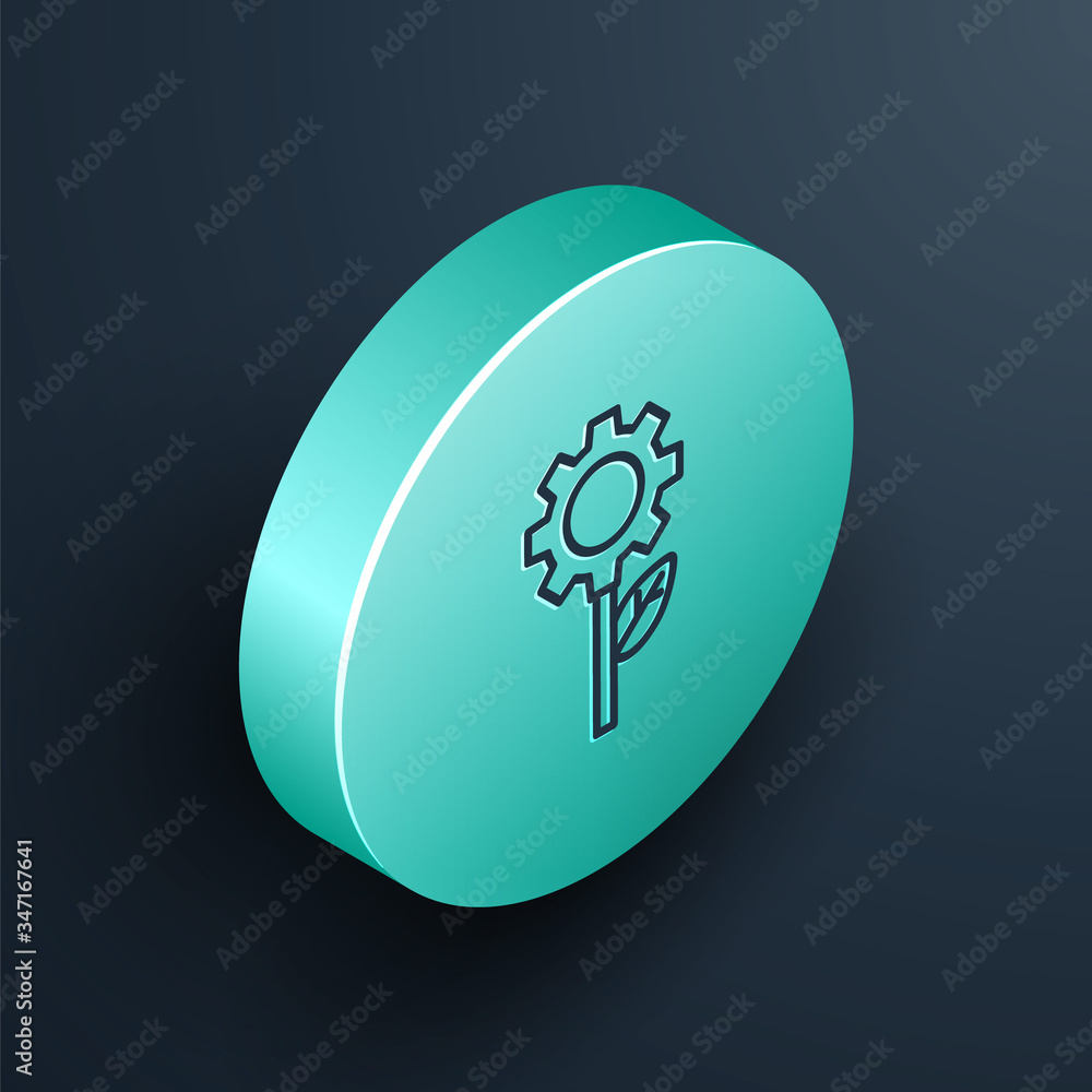 Isometric line Leaf plant ecology in gear machine icon isolated on black background. Eco friendly te