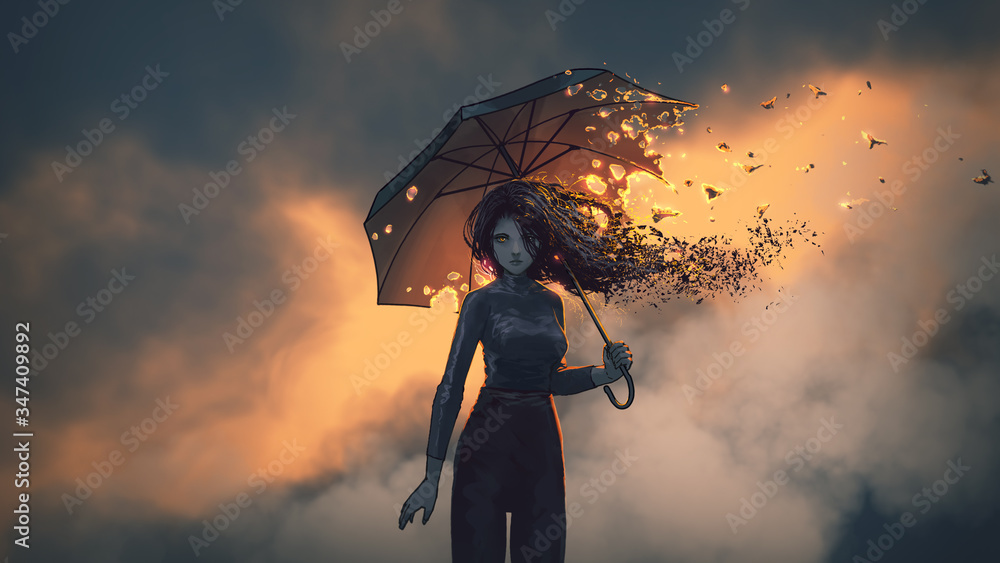 神秘女子撑着燃烧的雨伞，站在日落的天空背景下，数字艺术风格