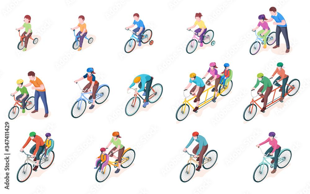 一组带孩子或儿童的矢量男女自行车手。自行车运输。三人和双人，双人，