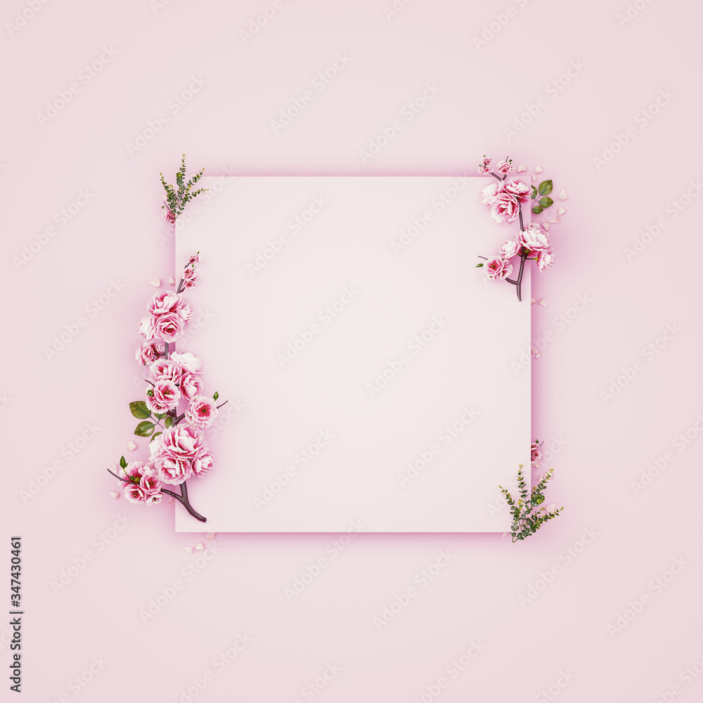 花朵构图。空白纸，粉红色花朵，淡粉色背景。平躺，俯视图，复制品