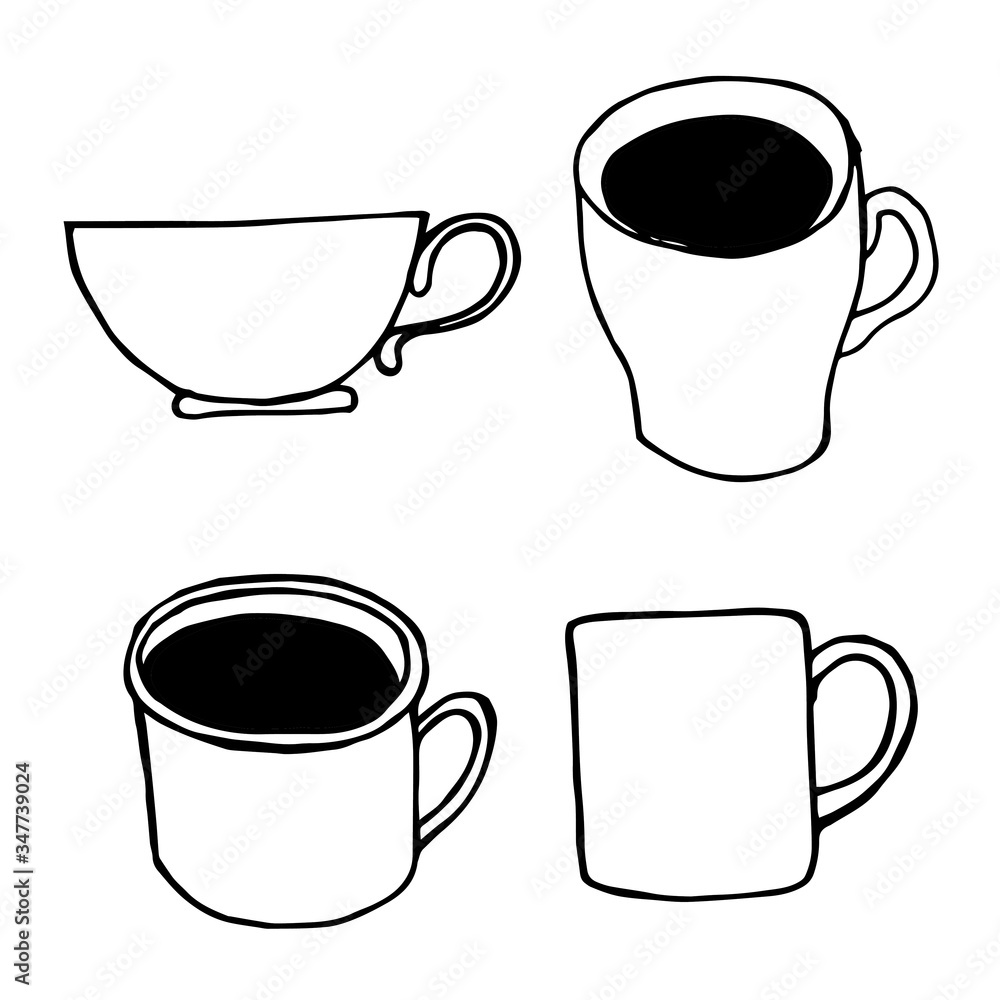 涂鸦风格的矢量插图。一套简单的杯子。带咖啡的杯子，平面和透视。图标