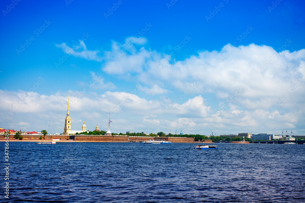 Panorama of Peter and Paul fortress over Neva river in Saint Petersburg, Russia