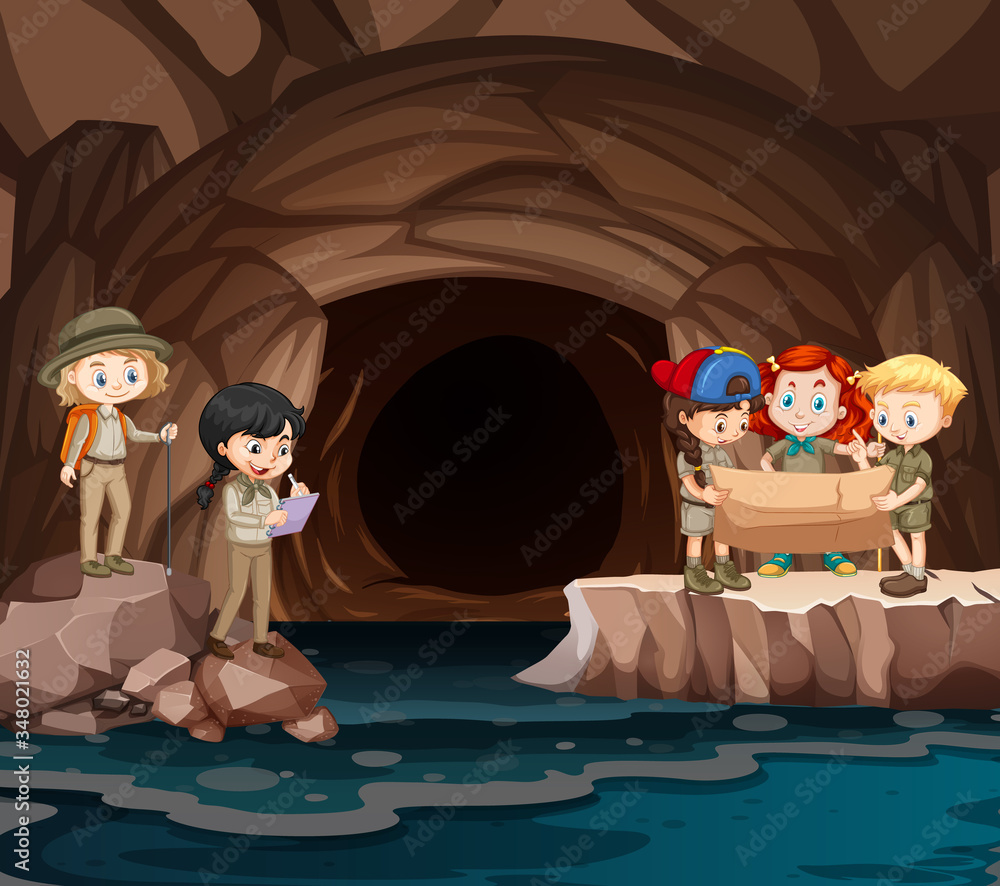 一群侦察兵探索洞穴的场景