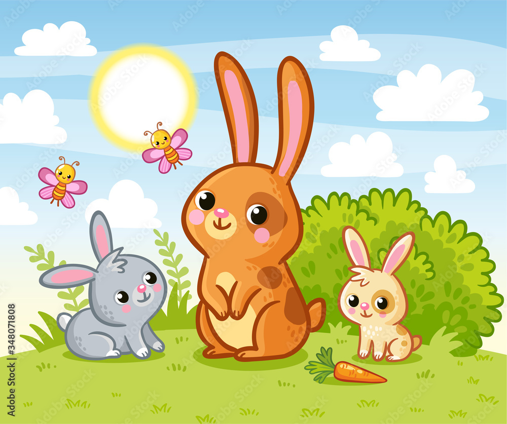 Rabbits are sitting in a green meadow. Hares eat summer marking on the grass. Vector illustration wi