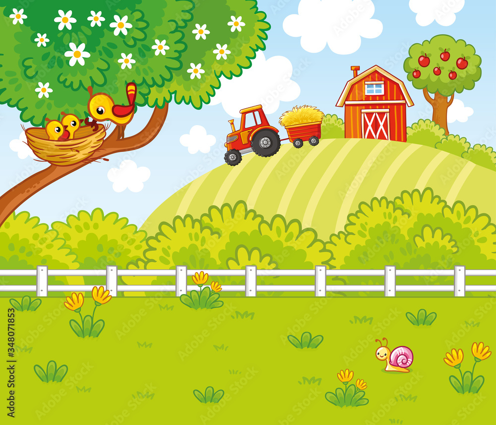 农场和拖拉机的卡通风格的可爱插图。鸟儿坐在树上的鸟巢里。