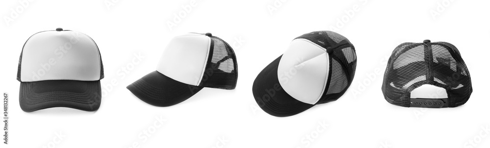 Set of stylish caps on white background