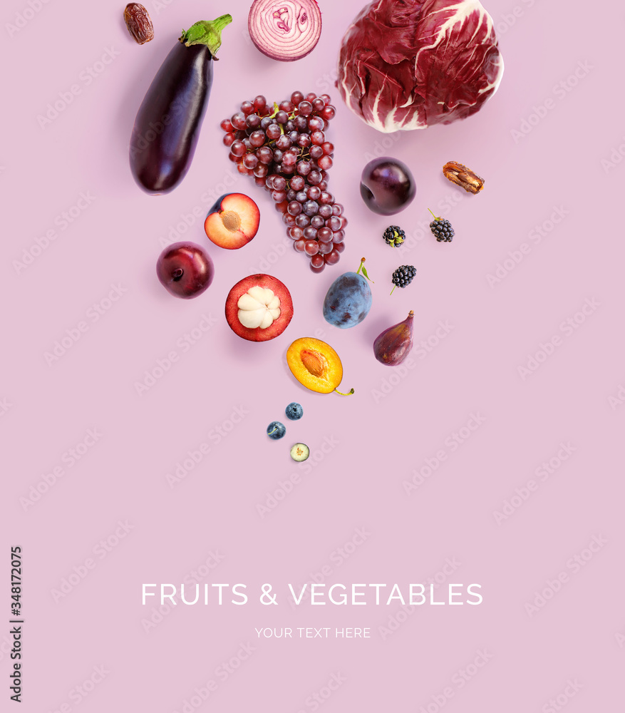由山竹、洋葱、葡萄、丰满、蓝莓、黑莓、大枣、茄子等制成的创意布局