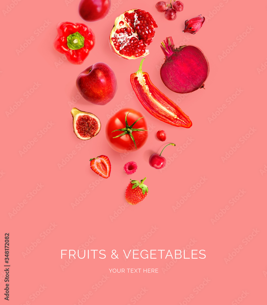 由红苹果、红辣椒、红葡萄、甜菜根、石榴、草莓、覆盆子制成的创意布局