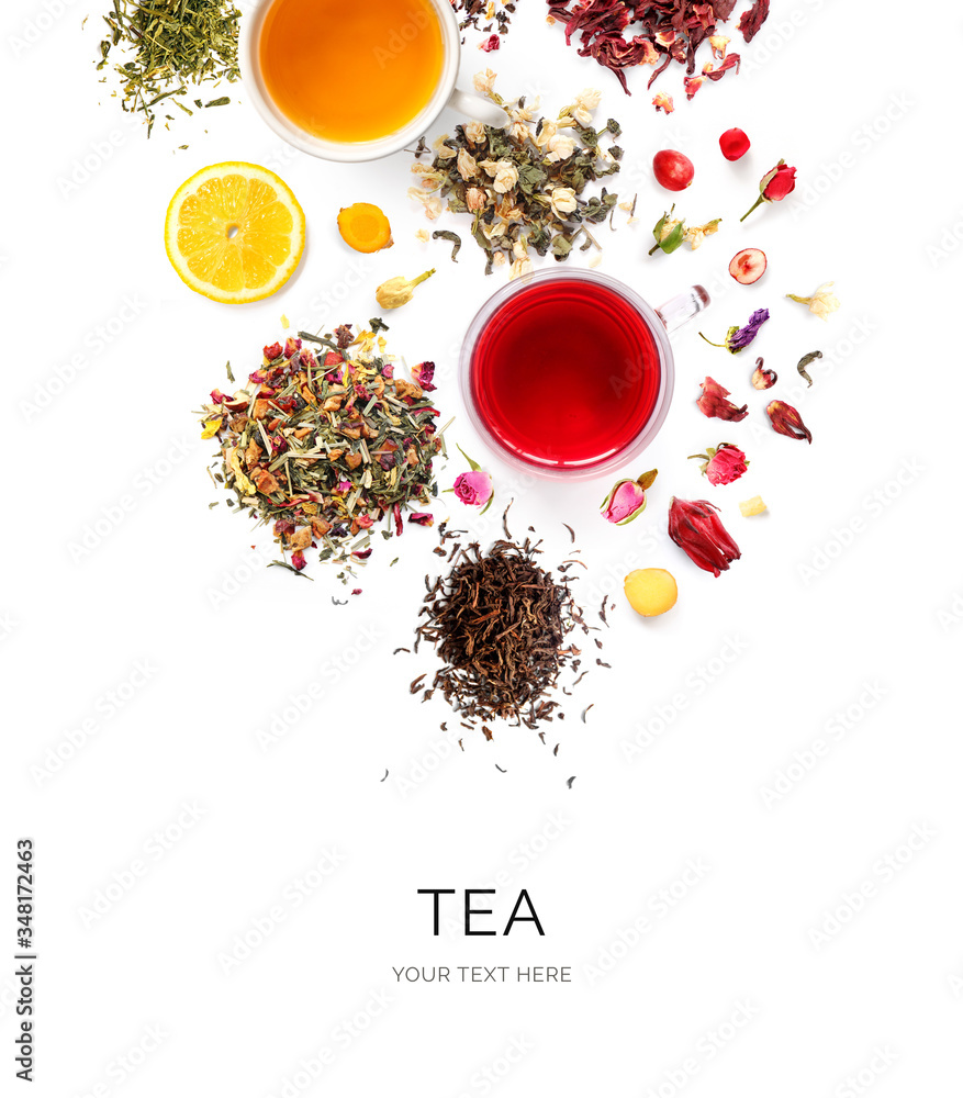 由几杯茶、绿茶、红茶、水果和草药茶、sencha、芙蓉、g制成的创意布局