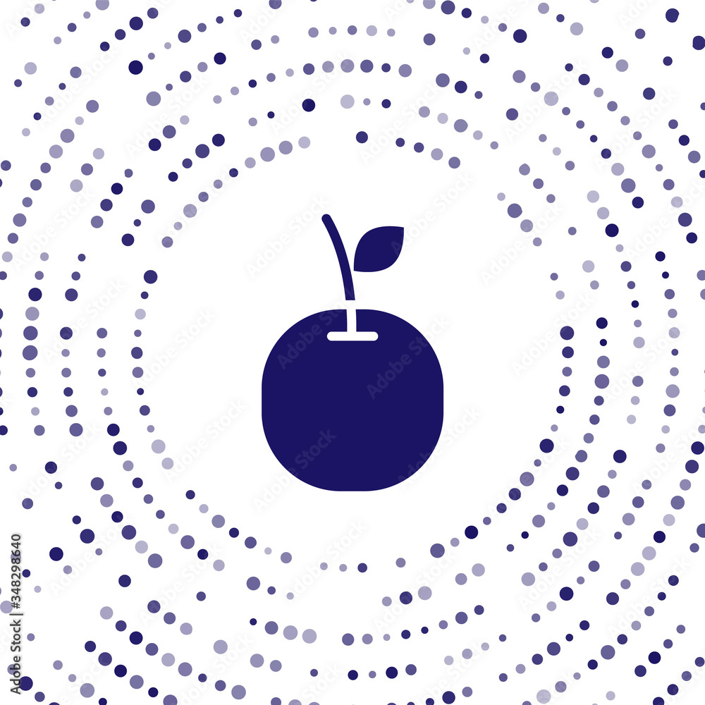 蓝色苹果图标隔离在白色背景上。带叶子符号的水果。抽象圆圈随机点。V