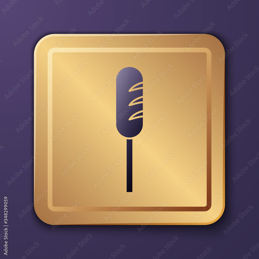 Purple Fried sausage icon isolated on purple background. Grilled sausage and aroma sign. Gold square