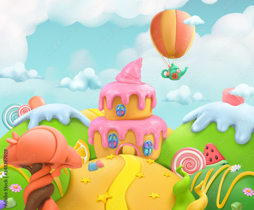 Sweet candy land. 3d vector background. Plasticine art illustration