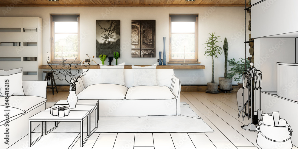 Modern Home Loft Interior (planning) - panoramic 3d visualization