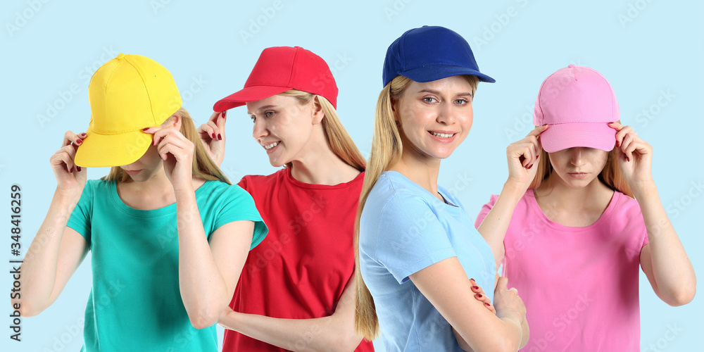 一组年轻女性，戴着时尚的彩色背景帽子