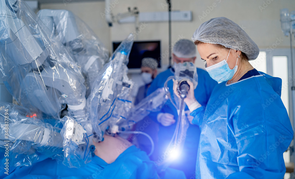 Operating room, medical surgical robot, cancerous tumor removal surgery. Robotic surgery. Future of 