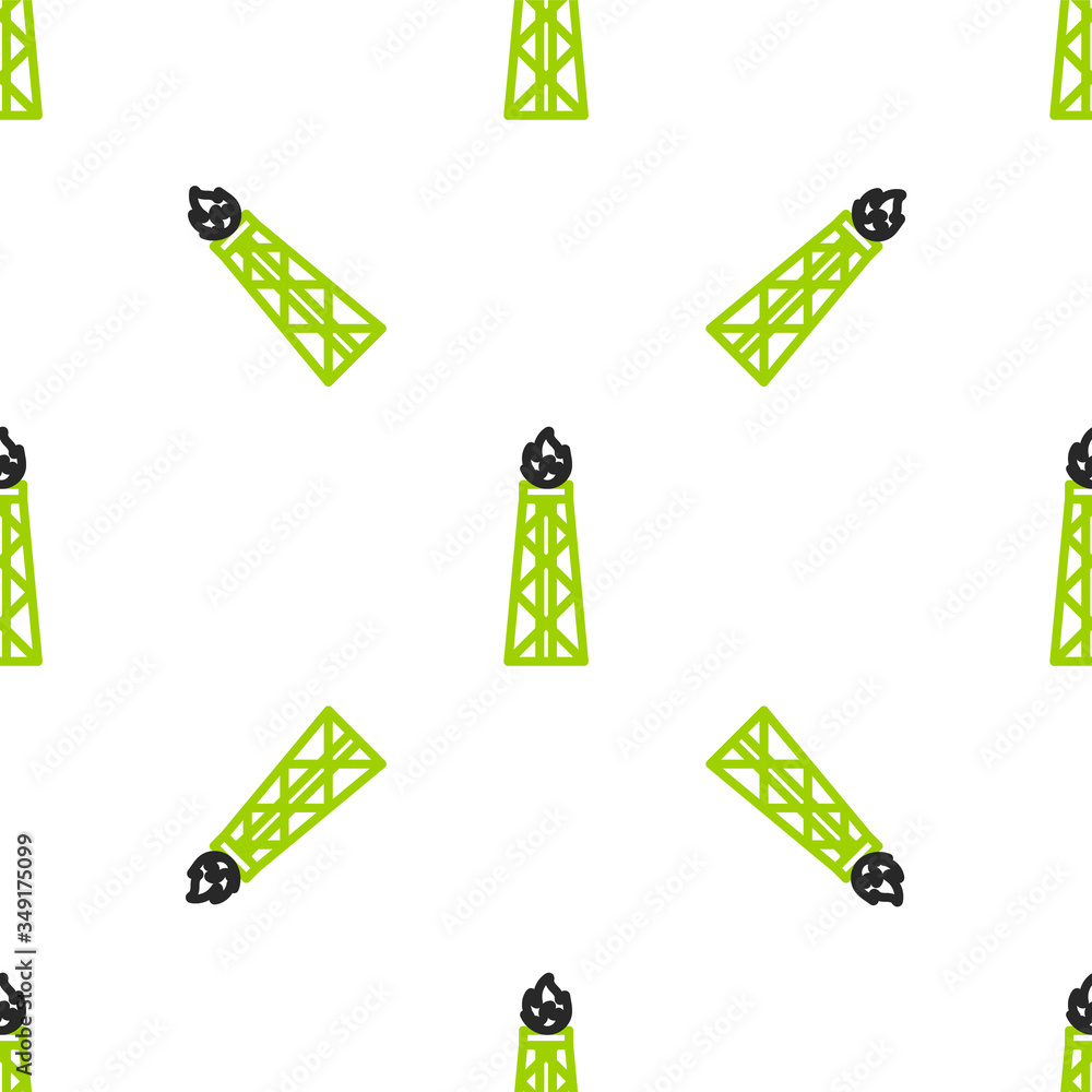 Line Oil rig with fire icon isolated seamless pattern on white background. Gas tower. Industrial obj