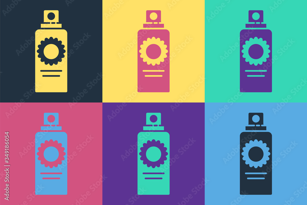 Pop art Sunscreen spray bottle icon isolated on color background. Protection for the skin from solar