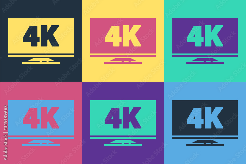 流行艺术屏幕电视，4k超高清视频技术图标隔离在彩色背景上。矢量