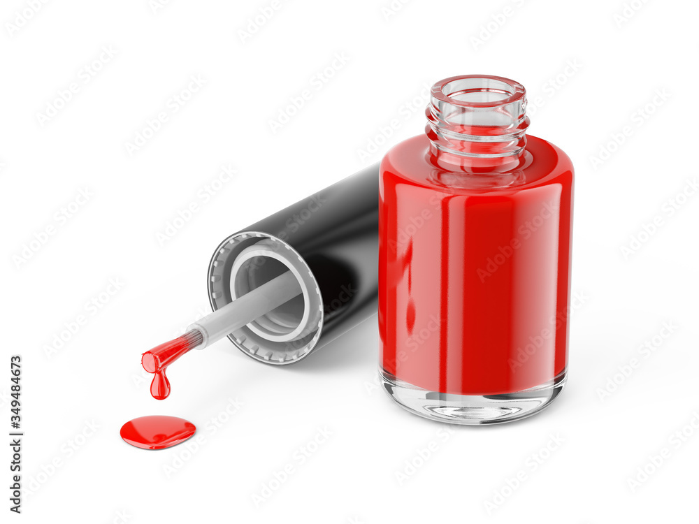打开指甲油瓶，在白色背景上隔离红色指甲油-3d渲染