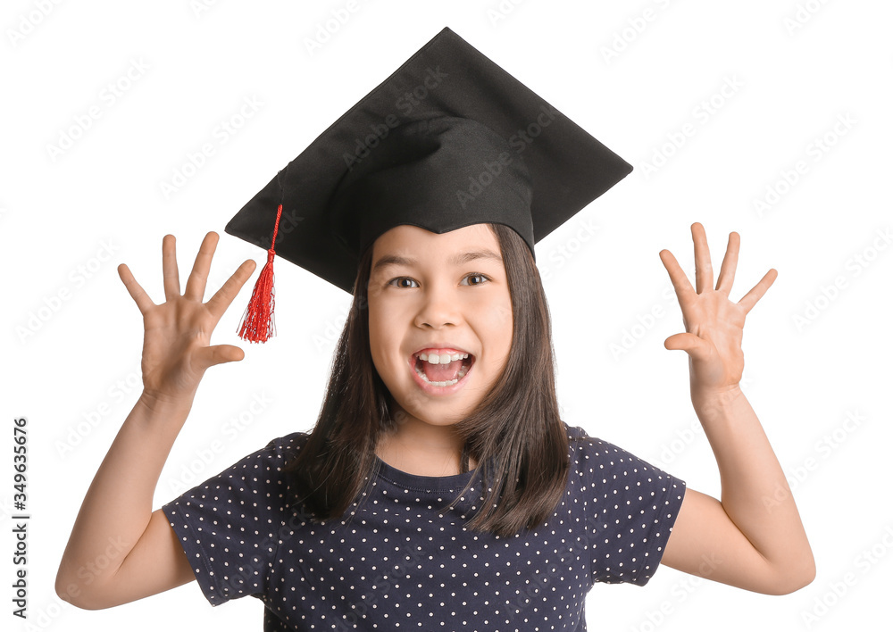 Little girl in graduation hat on white background