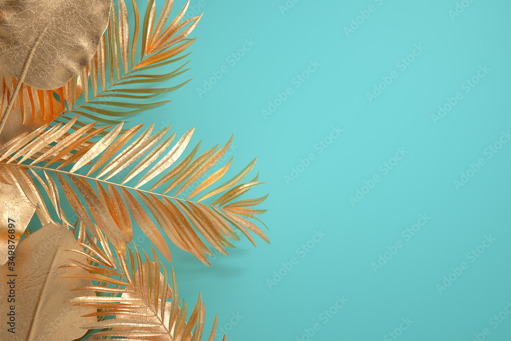 金色热带棕榈叶Monstera，背景为黑粉绿，3d渲染，概念图。
