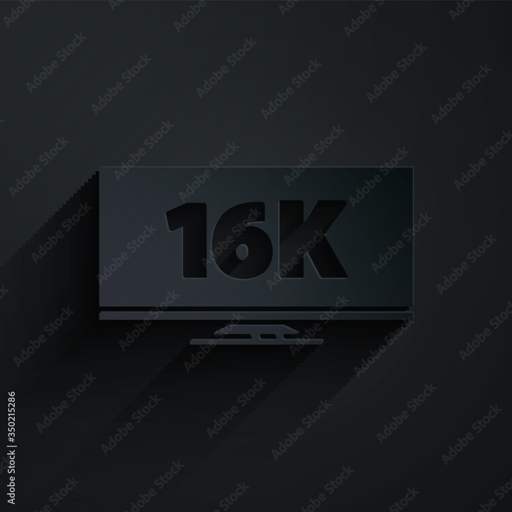 Paper cut Screen tv with 16k Ultra HD video technology icon isolated on black background. Paper art 