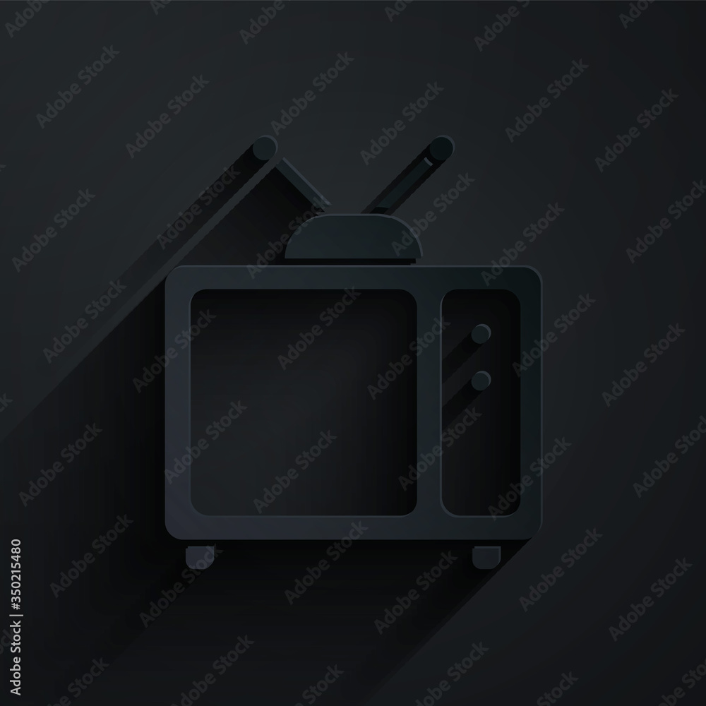 剪纸复古电视图标隔离在黑色背景上。电视标志。纸艺风格。矢量照明