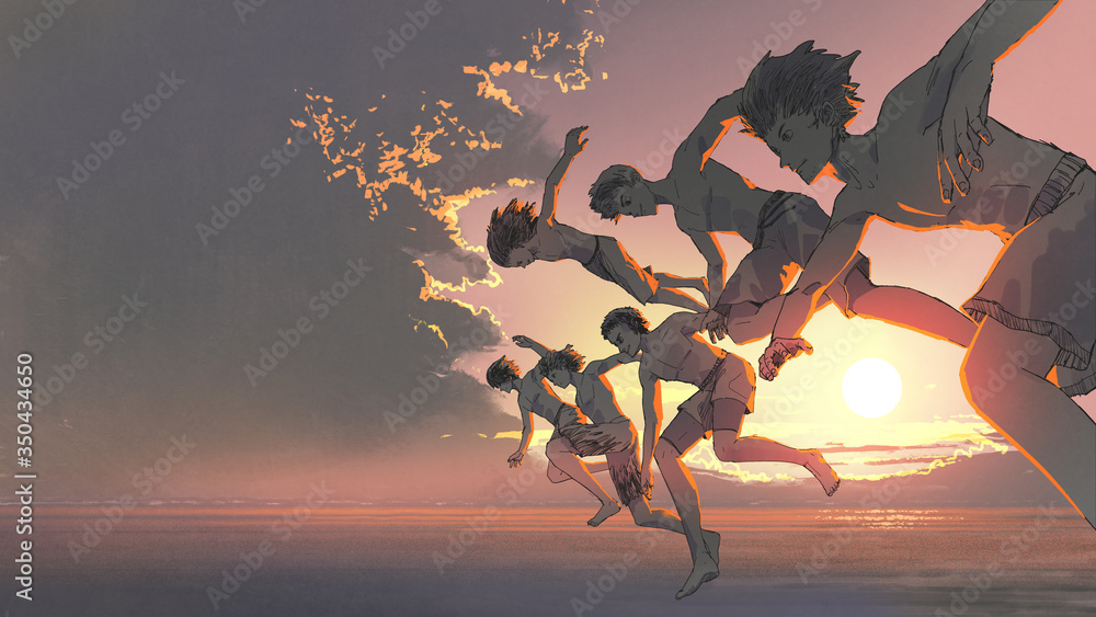 一群年轻人在日落时奔跑和跳入大海，数字艺术风格，il