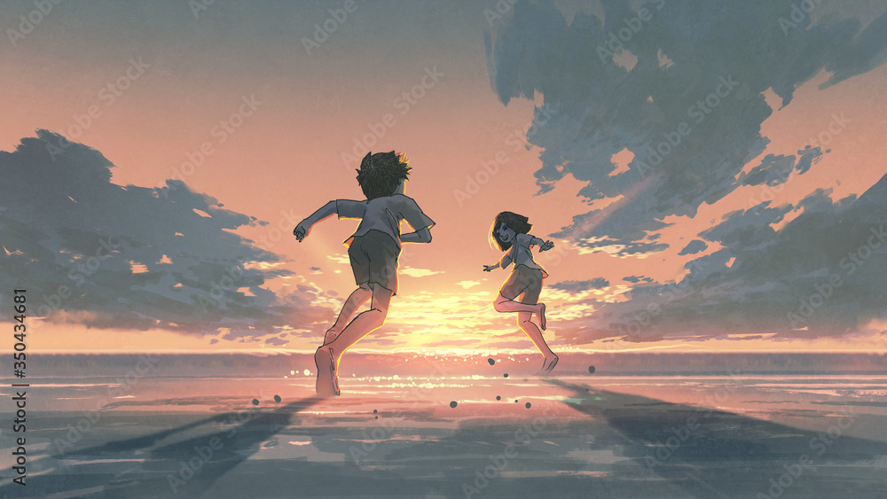 男孩和女孩在海滩上奔跑，看地平线上的日出，数字艺术风格，插图