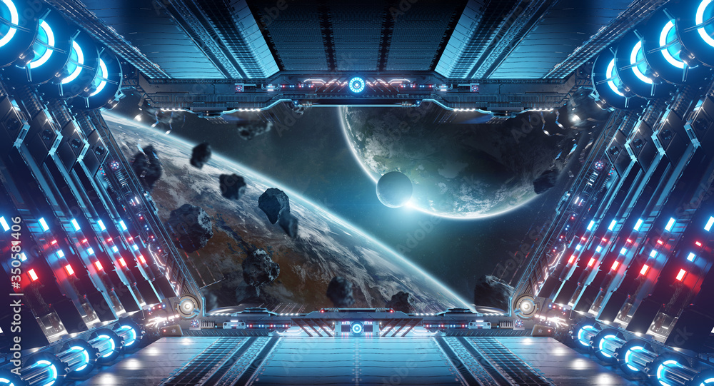 蓝色和红色的未来宇宙飞船内部，行星三维渲染窗口视图