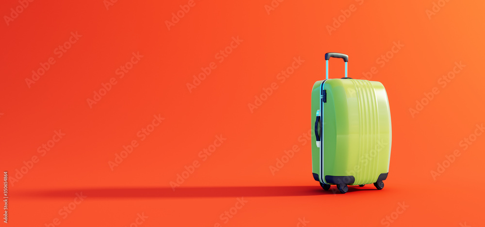 绿色行李准备在郁郁葱葱的橙色背景下旅行3D渲染