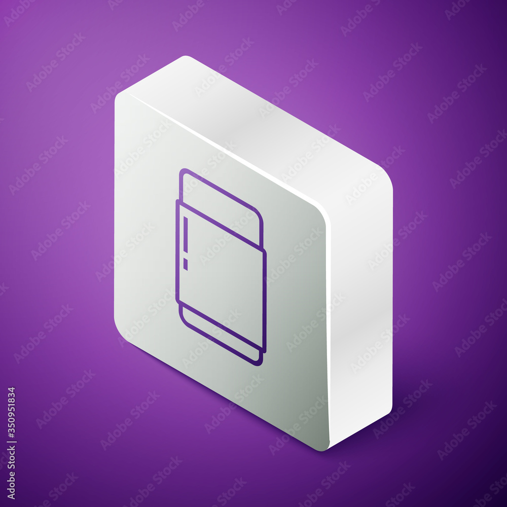 等轴测线橡皮擦或隔离在紫色背景上的橡胶图标。银色方形按钮