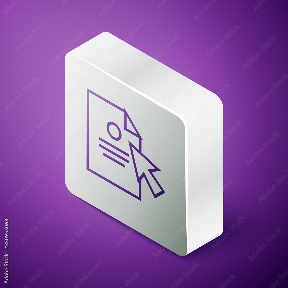 Isometric line Document and cursor icon isolated on purple background. File icon. Checklist icon. Bu