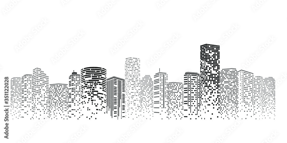 抽象的未来主义城市矢量，数字城市景观背景。透明的城市景观，Dots Buil