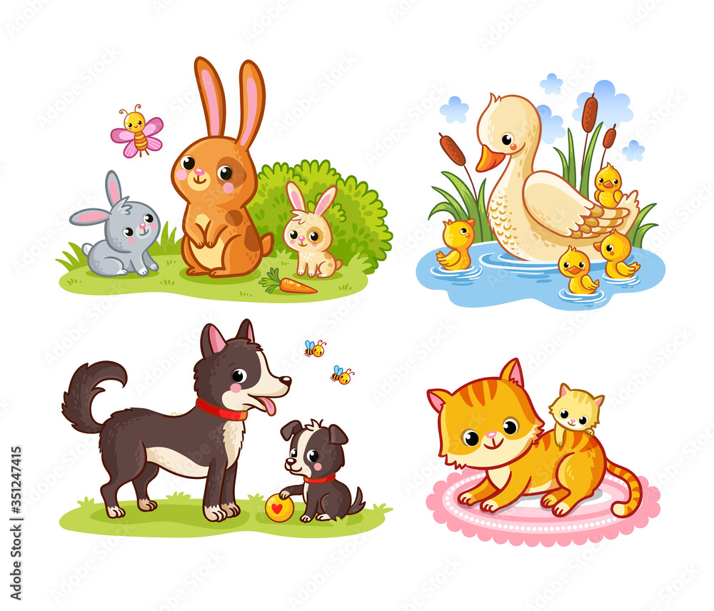 Vector set with pets cartoon style. Collection of cute forest mammals