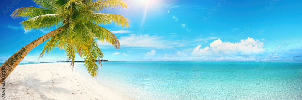 美丽的热带海滩，白色的沙滩，背景是绿松石的海洋，阳光下是蓝天和云朵