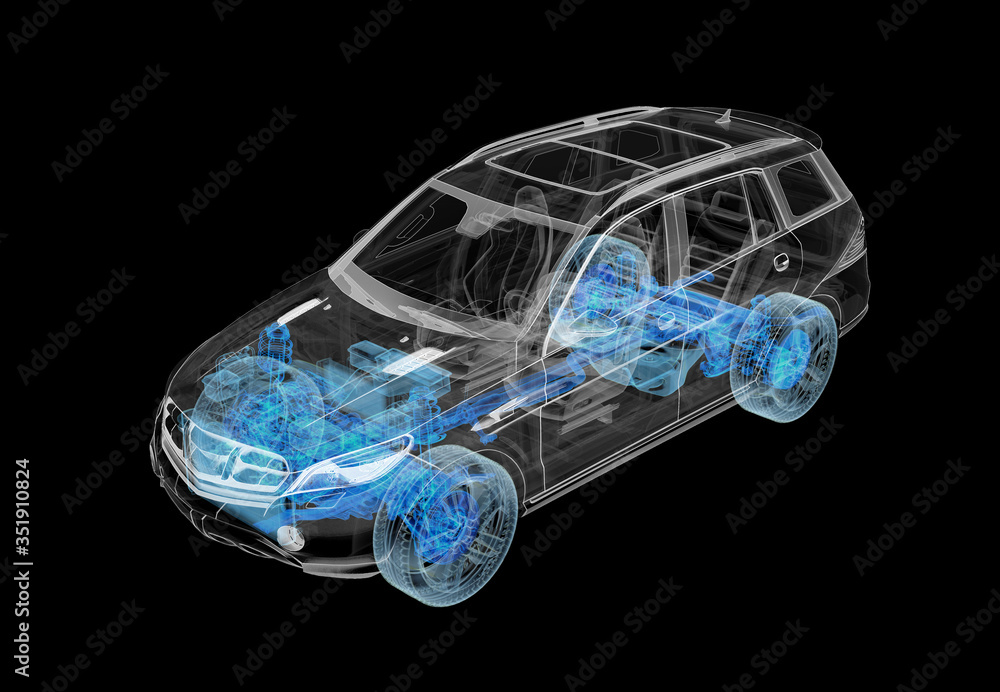 带有x射线效果和动力总成系统的SUV汽车的技术三维示意图。