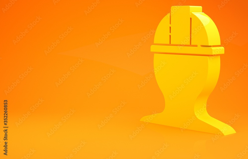 黄色工人安全帽图标隔离在橙色背景上。极简主义概念。三维插图