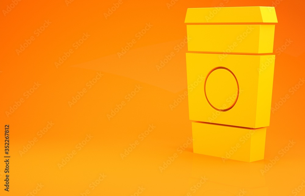 黄色咖啡杯图标隔离在橙色背景上。极简主义概念。3d插图3d r
