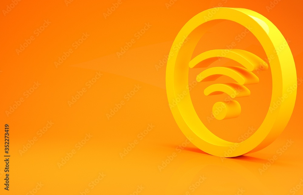 Yellow Wi-Fi wireless internet network symbol icon isolated on orange background. Minimalism concept