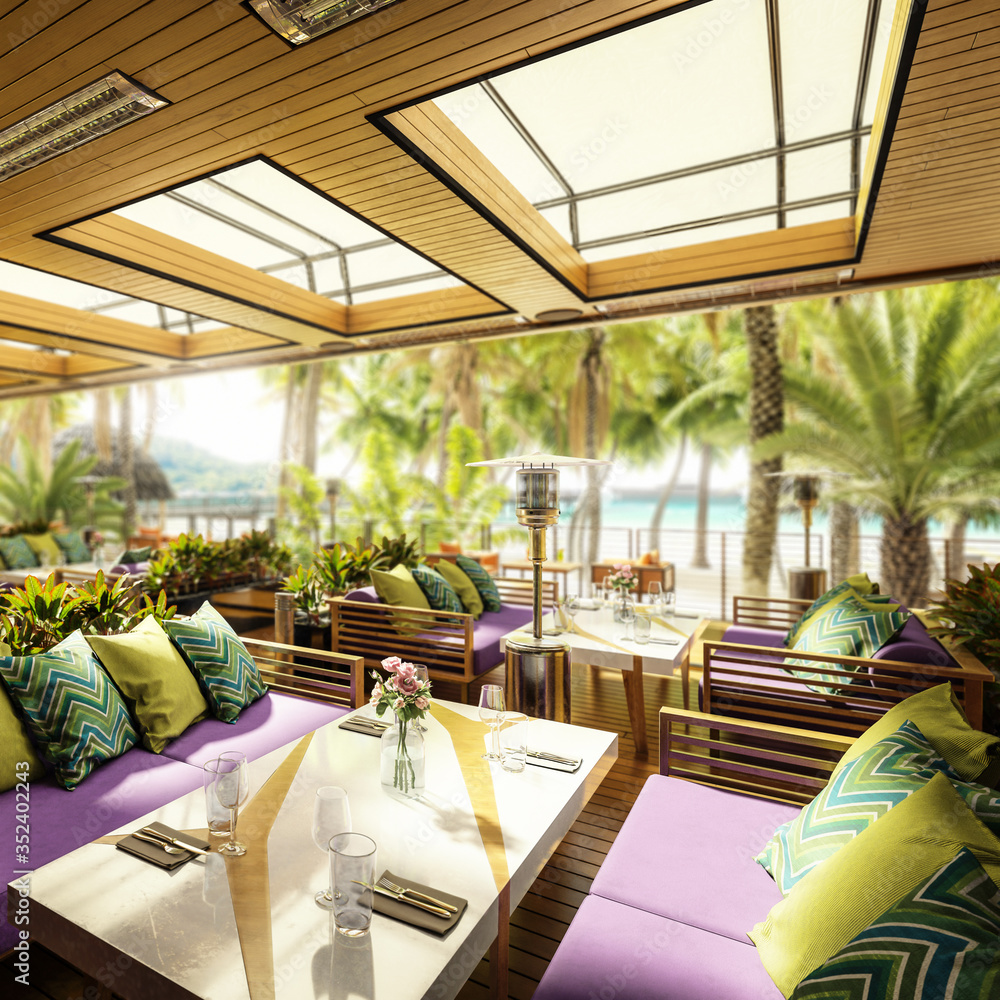 亚热带度假区内的露台餐厅区域-详细的三维建筑可视化